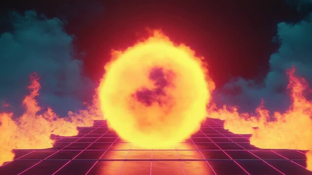 Burning neon grid staircase leading to fire cloud