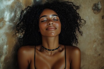 Selective focus. Shy smile and embarrassed reaction captured in posed candid shot