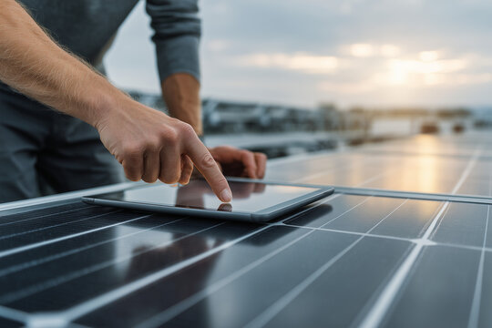 Solar technician using a tablet to inspect rooftop photovoltaic panels at sunset — renewable energy monitoring and smart solar maintenance - Powered by Adobe