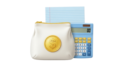 Isolated Coin purse, calculator and notebook represent financial planning and bookkeeping