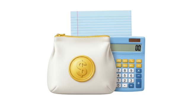 Isolated Coin purse, calculator and notebook represent financial planning and bookkeeping