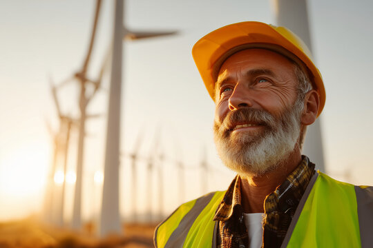 Experienced wind farm technician smiling confidently in high-visibility vest and hardhat at sunset among turbines