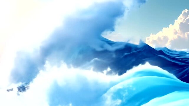 Powerful ocean waves crest and crash under a bright sky with clouds.