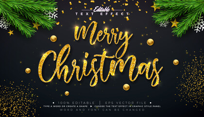 Merry Christmas Text Effect Design Editable Vector Graphic Style with Golden Glitter Typography Lettering, Fir Branch and Ornaments on Black Background. Winter Holiday Scalable Illustration Template