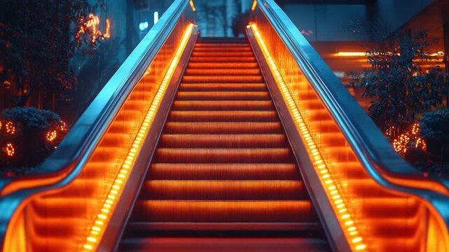 An illuminated escalator with vibrant orange lighting