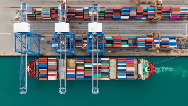 Container ship at port with gantry cranes loading and unloading cargo containers, global logistics concept scene.