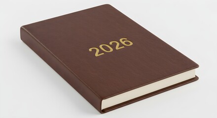 Brown, textured book cover features "2026" in gold lettering, styled for annual reports, journals, or personal planners.