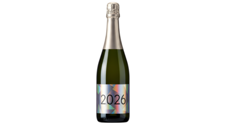 Silver champagne bottle features holographic, geometric label for product photography, events, or branding.