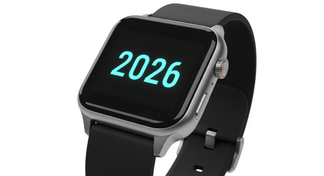 Smartwatch displays "2026" in vibrant blue on black screen. This macro shot focuses on technology for product mockups, branding, and futuristic designs.