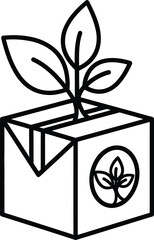 Simple black line art icon of a plant growing out of a cardboard box with a leaf symbol