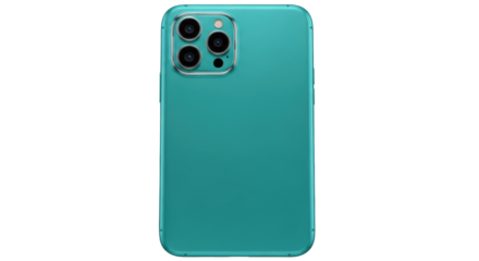 Isolated modern turquoise mobile telephone with triple lens camera for connection use
