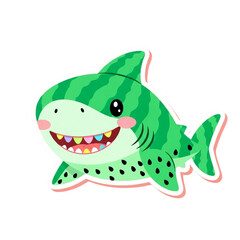 Adorable kawaii watermelon shark with candy teeth and blushing face, pastel pink and green vector cartoon, playful outlined design.