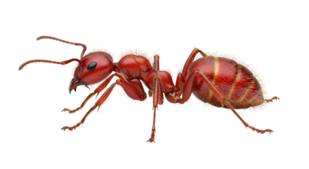 Isolated red fire ant, macro detailed close-up, insect with long legs, mandibles and antennae