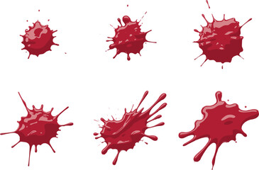 Realistic red paint splatter and dripping liquid texture set, isolated glossy drops for abstract art, design, and digital backgrounds