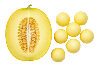 Isolated Galia melon half with seeds and melon balls ready to eat, perfect for a healthy snack
