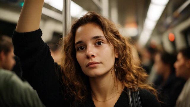 A candid portrait of a young woman on the subway, reflecting curiosity and introspection amidst the busy urban environment, capturing fleeting moments of thought.