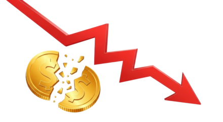 Isolated broken dollar coin with red downtrend arrow symbolizing economic recession stock