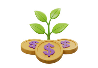 Money tree with dollar coins isolated PNG, financial growth and investment concept for business and economy on transparent background