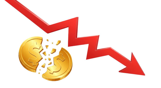 Isolated broken dollar coin with red downtrend arrow symbolizing economic recession stock