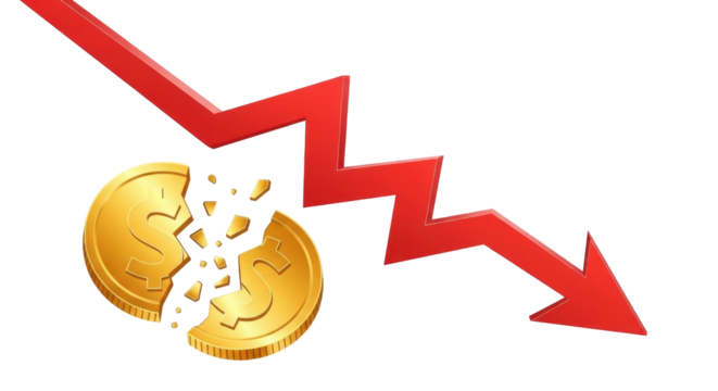 Isolated broken dollar coin with red downtrend arrow symbolizing economic recession stock - Powered by Adobe