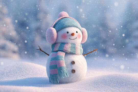 Cheerful winter snowman wearing pastel earmuffs, beanie and striped scarf standing in snowy landscape with falling snowflakes