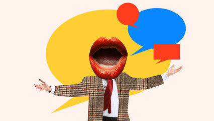 Graphic composition. Man with bright red lips expressing confidence surrounded by colorful speech...