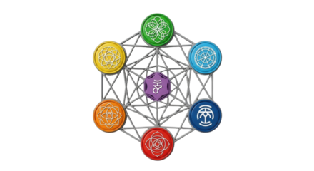 Isolated Chakra symbols depicting energy centers, connected to hexagon structure on neutral backdrop