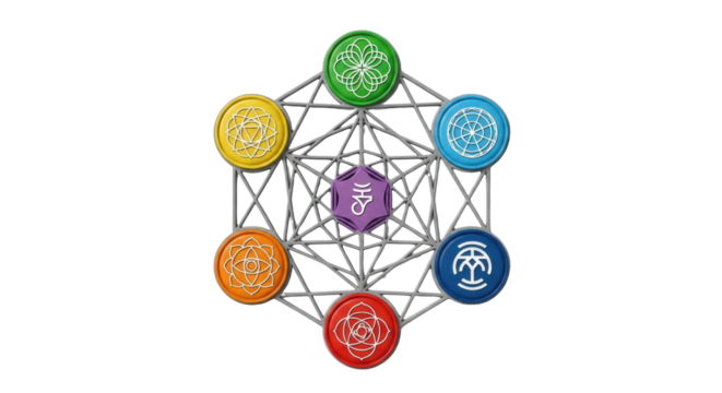 Isolated Chakra symbols depicting energy centers, connected to hexagon structure on neutral backdrop