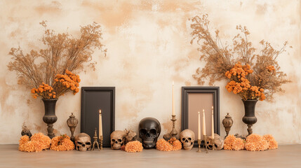 Skulls and candles on a wooden table - dia de los muertos