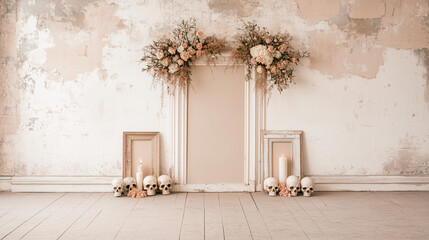 Skulls and candles on a wooden table - dia de los muertos