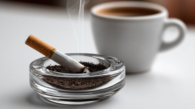Cigarette allum&eacute;e dans un cendrier en verre avec tasse de caf&eacute;