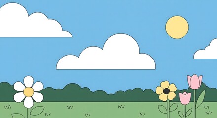 A cute and simple cartoon landscape with green hills, a bright sun, and colorful flowers. A cheerful and happy background for children, spring, or nature themed projects.