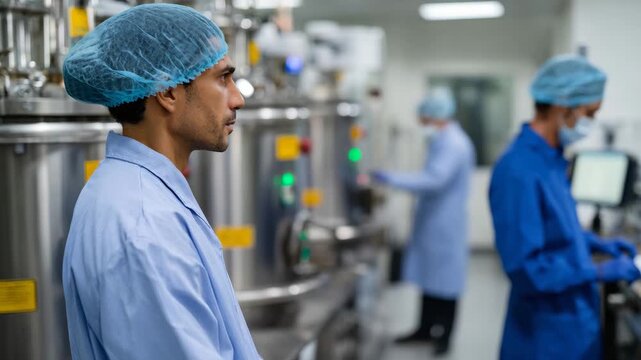 A serious technician in a lab environment, engaging with industrial equipment, symbolizing professionalism and innovation in scientific research and technology.