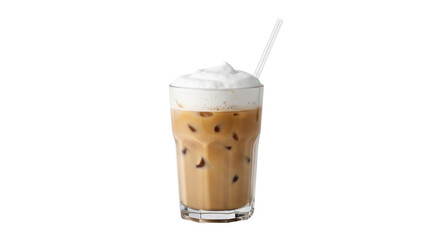 Isolated glass of iced coffee with cream, straw, cool refreshing caffeine beverage drink