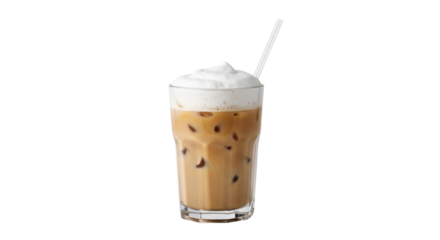Isolated glass of iced coffee with cream, straw, cool refreshing caffeine beverage drink