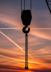 Silhouette of a Crane Hook Against a Dramatic Sunset Sky.