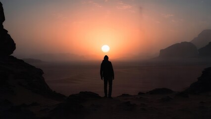 Fototapeta premium Silhouette of a person standing against a vibrant sunset in a mountainous landscape.