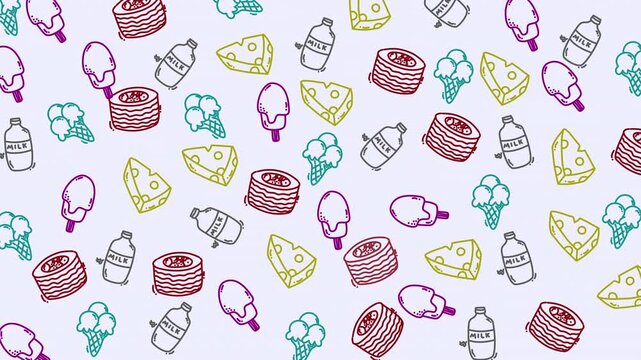 Seamless food pattern including cheese, pancakes, and ice cream. Great for food blogs, restaurant menus, or social media posts.