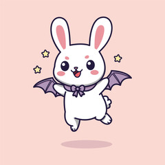 Fototapeta premium Cute Cartoon Bunny with Bat Wings and Ribbon Jumping Among Stars . Vector Illustration of Whimsical Fantasy Character