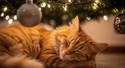 Cozy Orange Cat Napping Underneath a Decorated Christmas Tree with Twinkling Lights and Ornaments