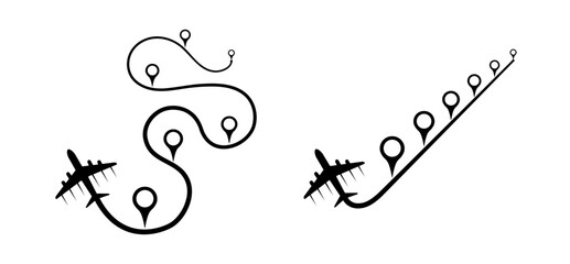 Airplane location pin markers, line with curve, straight line vector design. Simple and complex difficult complicated business process solution. Gps map markers illustration isolated on white. 