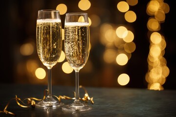 Champagne Flutes on Dark Surface with Golden Bokeh