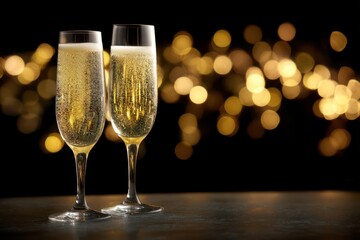 Champagne Flutes on Dark Surface with Golden Bokeh