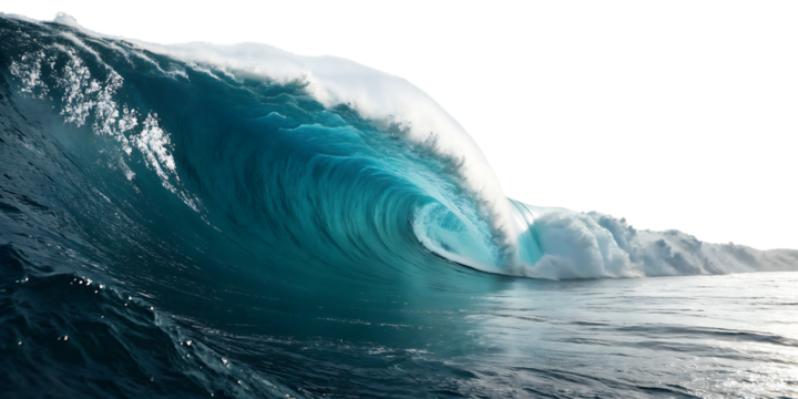 Ocean wave, massive with turquoise water and white foam cresting, cutout, PNG isolated on white or transparent background