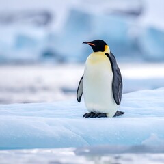 Fototapeta premium A single emperor penguin stands on a small iceberg against a blurred background of icy water and glacial formations