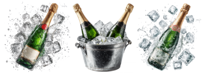champagne bottles in an ice bucket and champagne bottle with ice cubes splash isolated on transparent background
