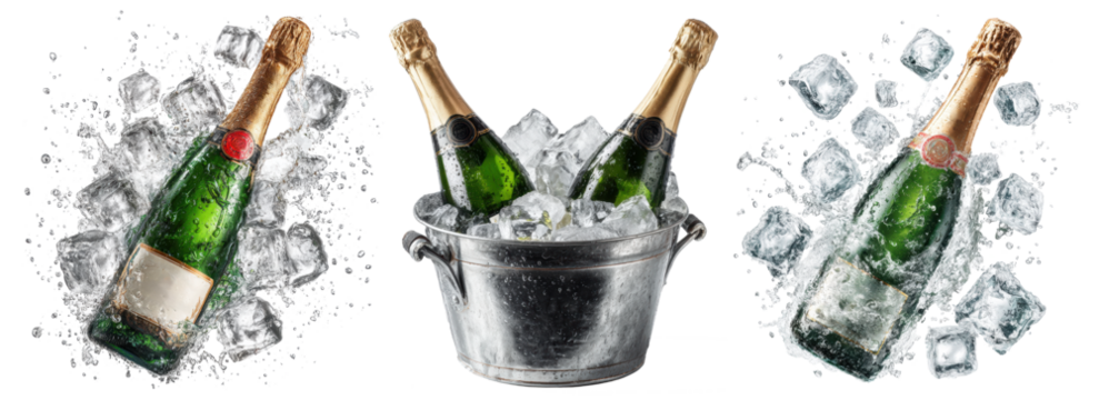 champagne bottles in an ice bucket and champagne bottle with ice cubes splash isolated on transparent background - Powered by Adobe