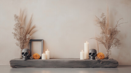 Skulls and candles on a wooden table - dia de los muertos