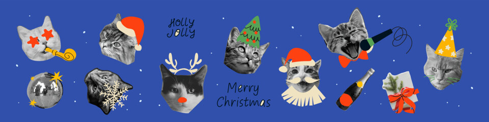 Trendy Christmas and New Year collage sticker set in vintage doodle style. Mixed media vector with champagne, cheers, and funny cats in Santa hats. Perfect for holiday cards, posters, and digital desi