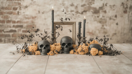Skulls and candles on a wooden table - dia de los muertos
